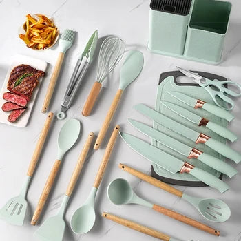 Set De 19 Utensilios De Silicona Y Madera Con Tabla Para Cocina
