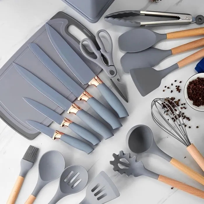 Set De 19 Utensilios De Silicona Y Madera Con Tabla Para Cocina