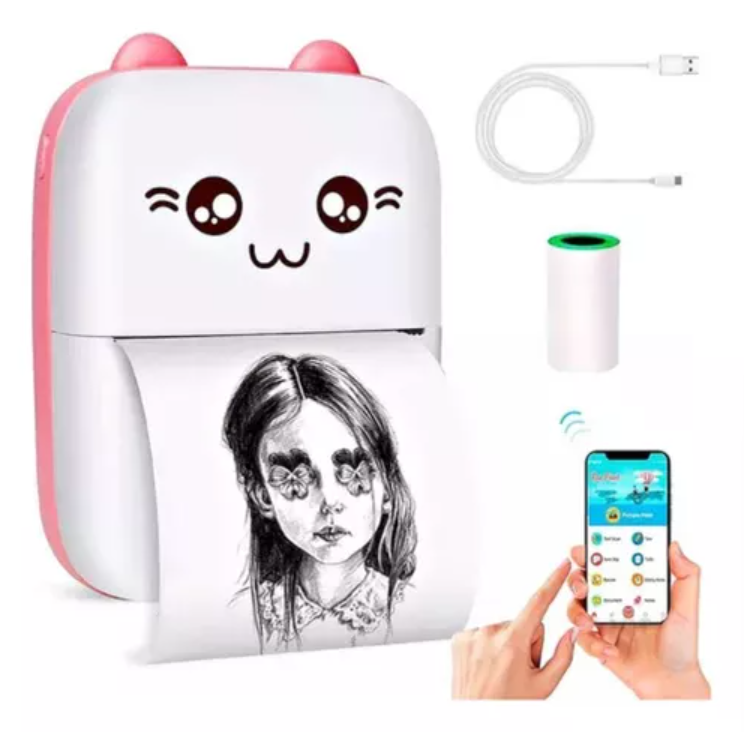 Mini Impresora Digital Gatito Con Cinco Rollos Para Impresión Portátil