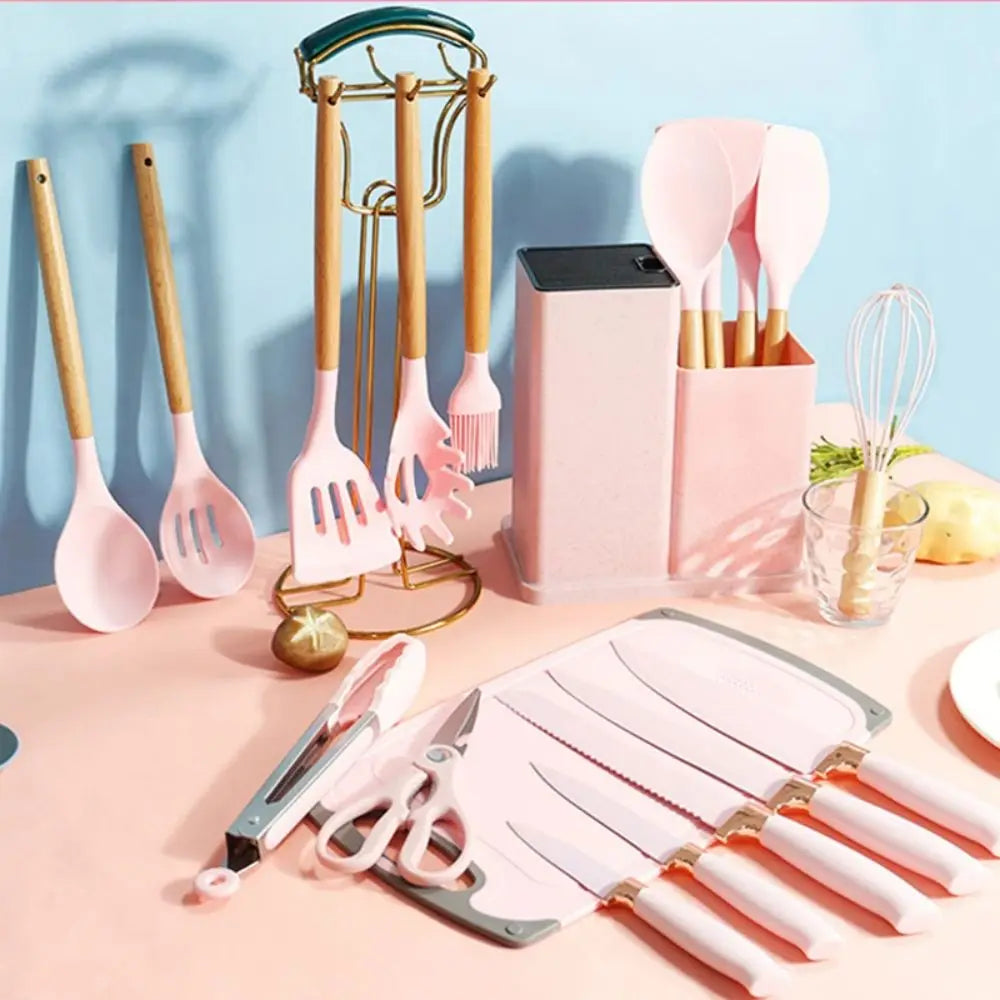 Set De 19 Utensilios De Silicona Y Madera Con Tabla Para Cocina