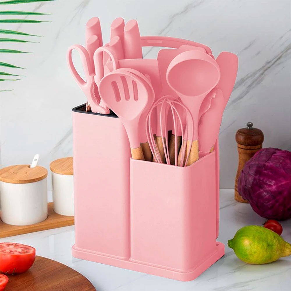 Set De 19 Utensilios De Silicona Y Madera Con Tabla Para Cocina