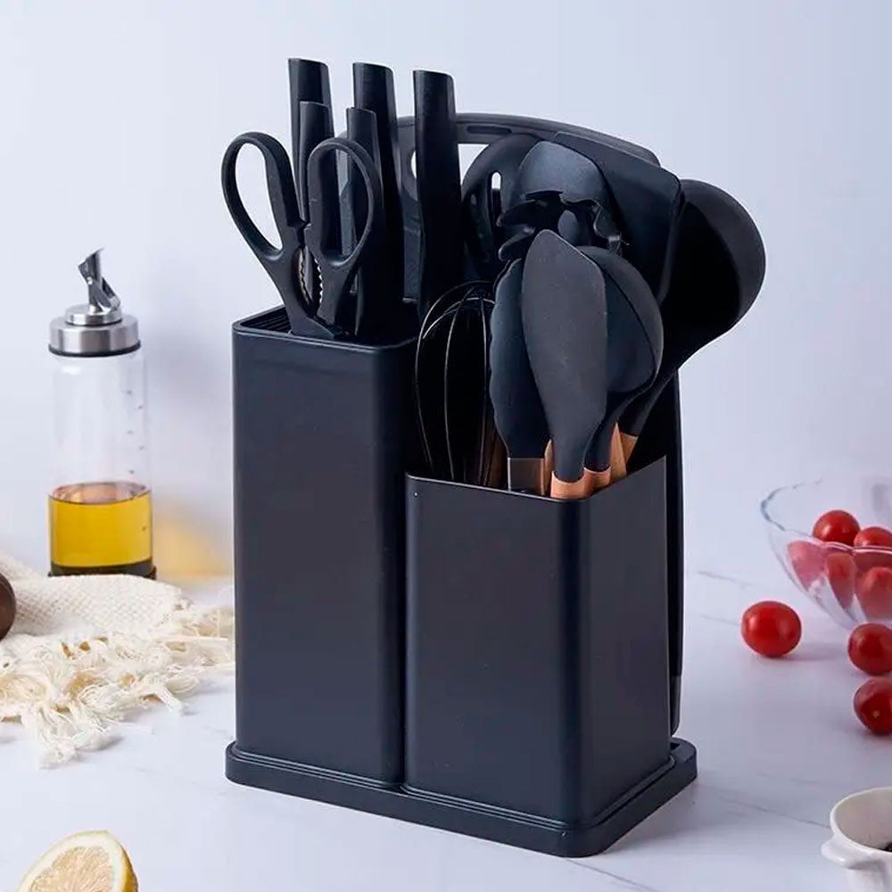 Set De 19 Utensilios De Silicona Y Madera Con Tabla Para Cocina