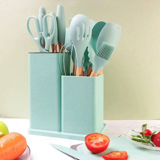 Set De 19 Utensilios De Silicona Y Madera Con Tabla Para Cocina