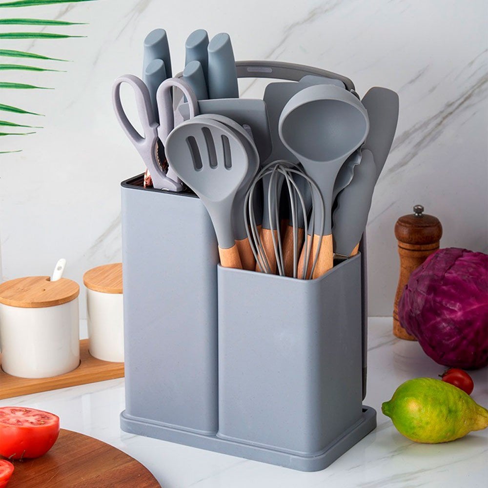 Set De 19 Utensilios De Silicona Y Madera Con Tabla Para Cocina